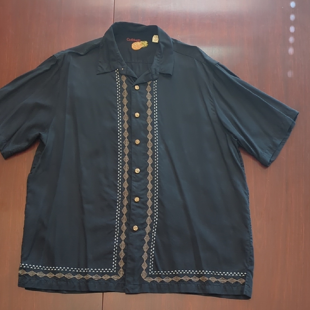 Cubavera Black Guayabera Shirt with Gold Accents